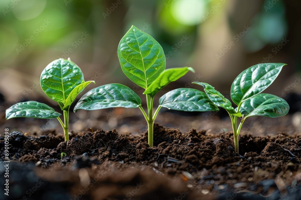 Fototapeta premium Lush green saplings sprouting from the rich soil in the forest
