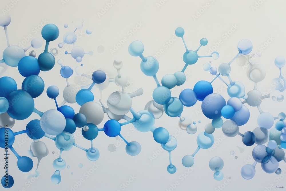 Abstract molecular structure, 3D rendering of atomic model, blue and white spheres representing molecules, scientific background. Abstract molecular structure, 3D rendering of atomic model, blue and white spheres representing molecules, scientific background.