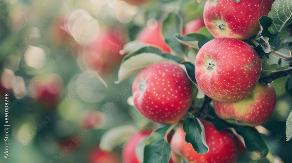 Obraz premium A bunch of red apples hanging from a tree
