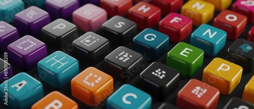 Close-up of a colorful Braille keyboard with multiple keys displaying letters and symbols, designed for visually impaired users.