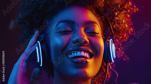 Smiling Woman Listening to Music