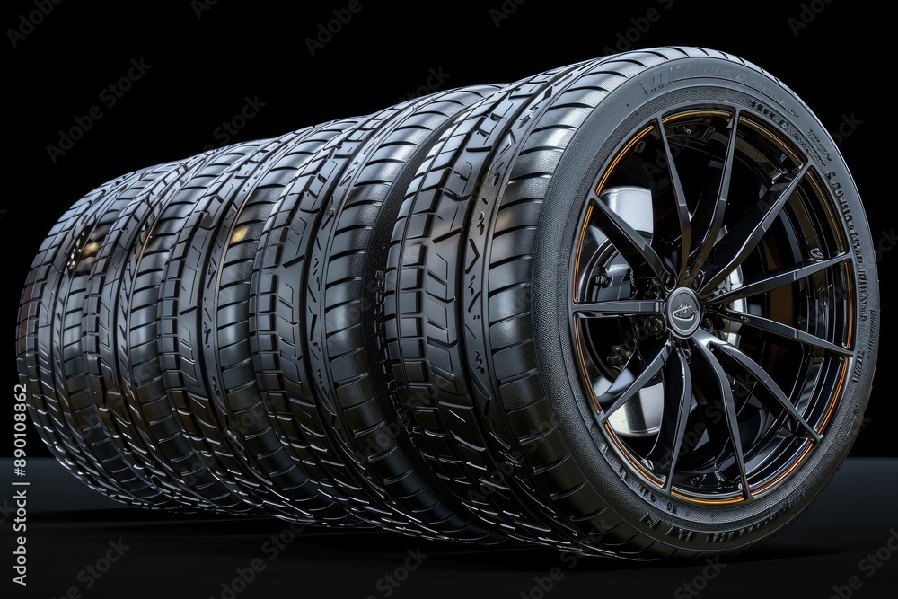 Stacked black automobile tires with golden accents on a dark background Stacked black automobile tires with golden accents on a dark background