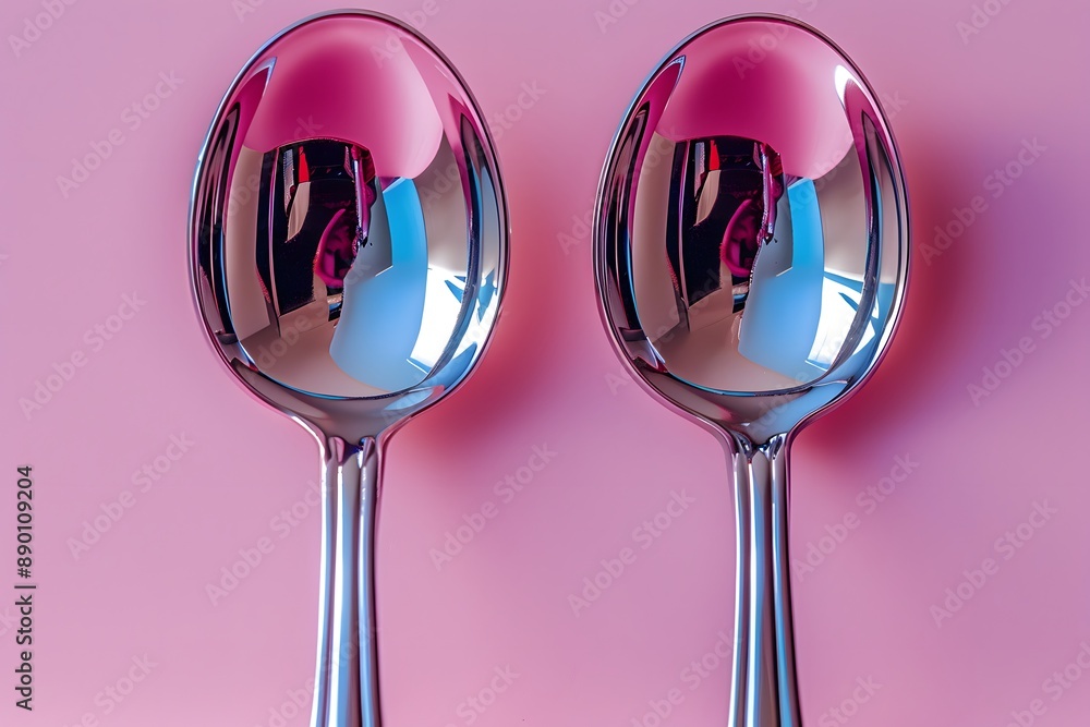 Creative Reflections on Metallic Spoons Against Pastel Pink Background - Modern Art for Design Creative Reflections on Metallic Spoons Against Pastel Pink Background - Modern Art for Design