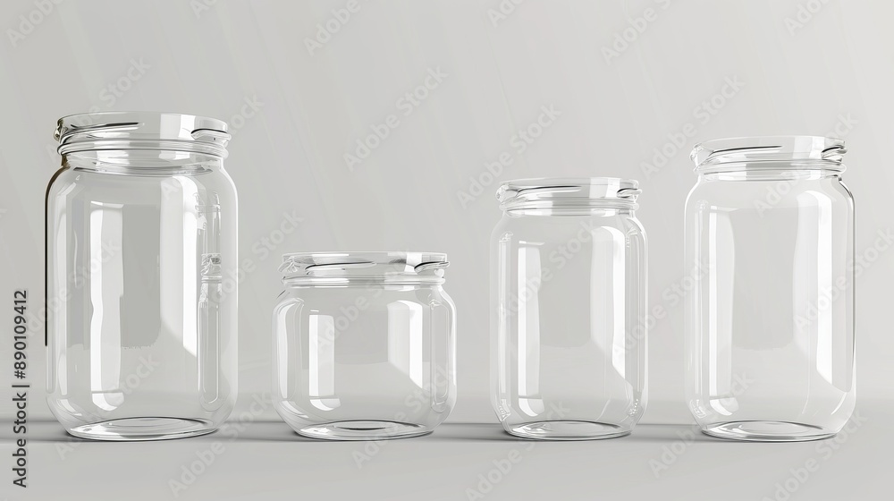 Realistic and detailed 3D empty glass jars in different sizes. Vector illustration of jars. Realistic and detailed 3D empty glass jars in different sizes. Vector illustration of jars.