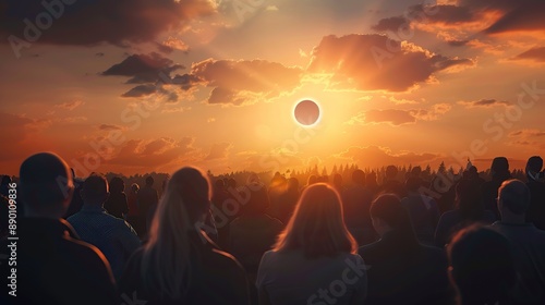 Crowd of people watching an annular solar eclipse, illustration for the total eclipse of the sun. Image of nature. copy space for text. photo