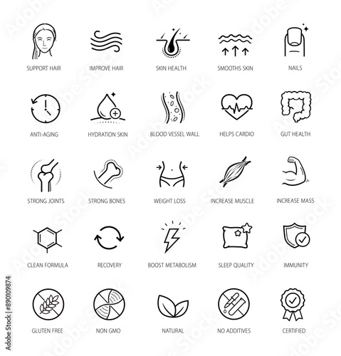 Vitality icon set for healthy food, lifestyle, human-improving products.The outline icons are well scalable and editable. Contrasting elements are good for different backgrounds. EPS10.