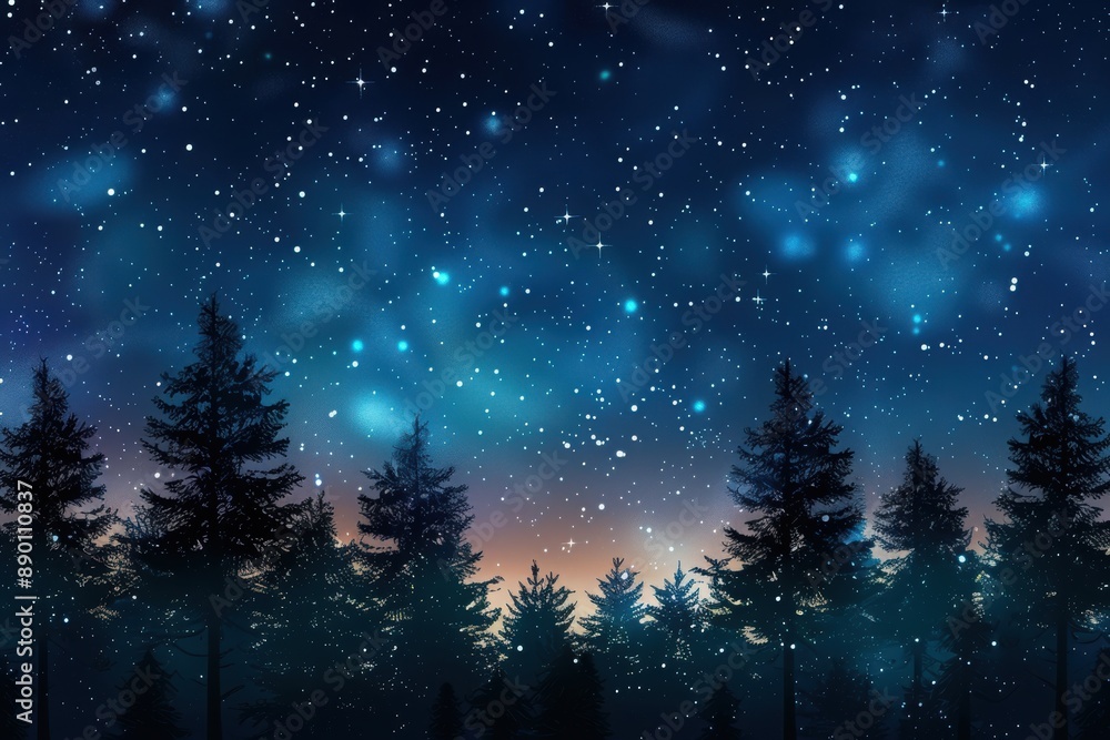 Enchanting night sky filled with stars above a silhouetted forest, creating a dreamy and serene atmosphere perfect for calm and inspiration. Enchanting night sky filled with stars above a silhouetted forest, creating a dreamy and serene atmosphere perfect for calm and inspiration.