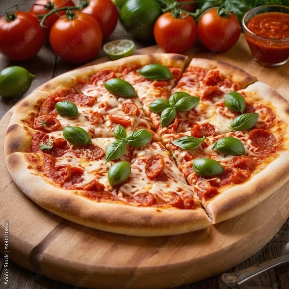 Italian margherita pizza with tomato sauce and basil, served on a wooden board Italian margherita pizza with tomato sauce and basil, served on a wooden board