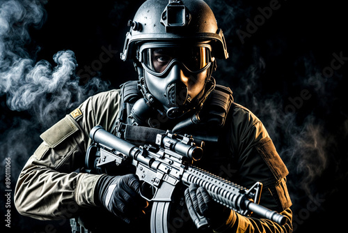 Portrait of special forces soldier man in uniform of tactical Units of Police with weapon at dark black background. Explosion, smoke and fire sparks. Urban problems unrest concept. Copy ad text space