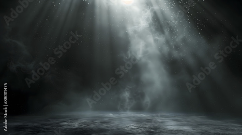 A black background in a studio setting, with a beam of light shining through, capturing a slight dust particle effect, reminiscent of a cinematic grain.