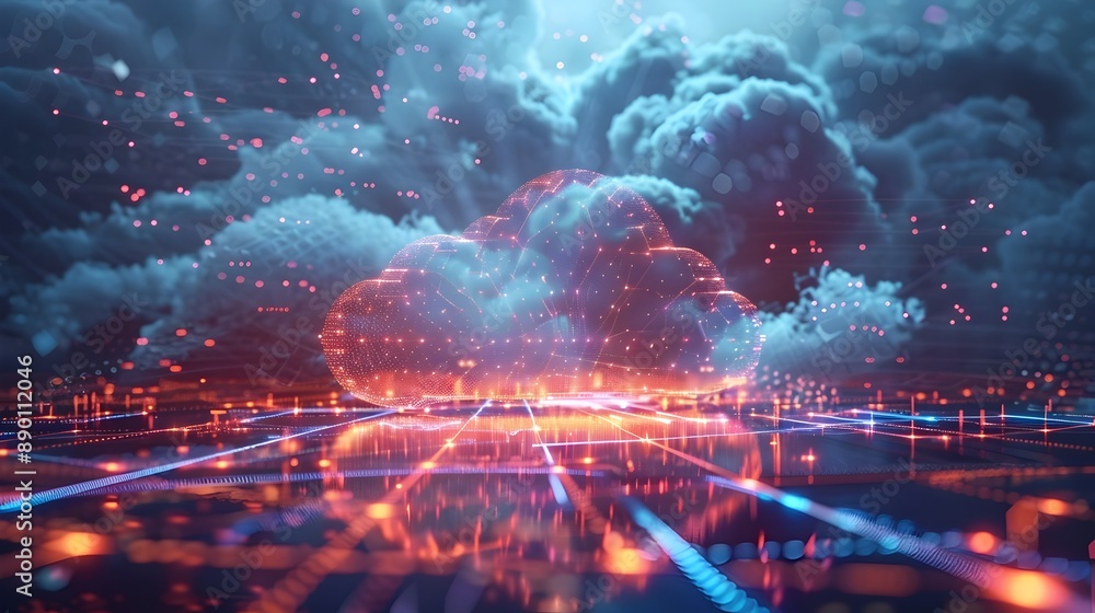 Obraz premium Futuristic Business Office With Integrated Cloud Computing and Seamless Connectivity