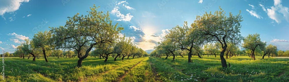 Obraz premium Orchard with blooming fruit trees under a bright blue sky with sunlight filtering through clouds