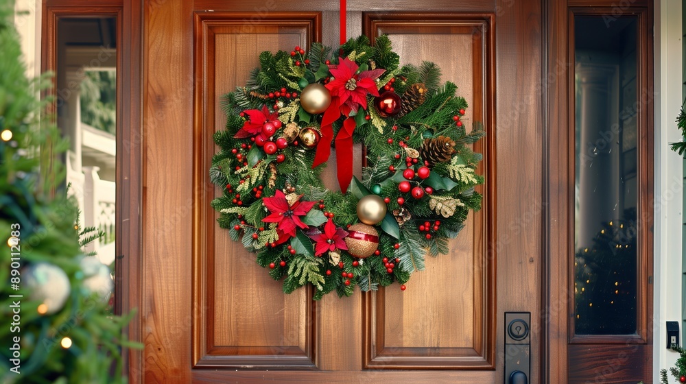 A festive wreath with ornaments and greenery brightens the front door, welcoming holiday cheer. A festive wreath with ornaments and greenery brightens the front door, welcoming holiday cheer.