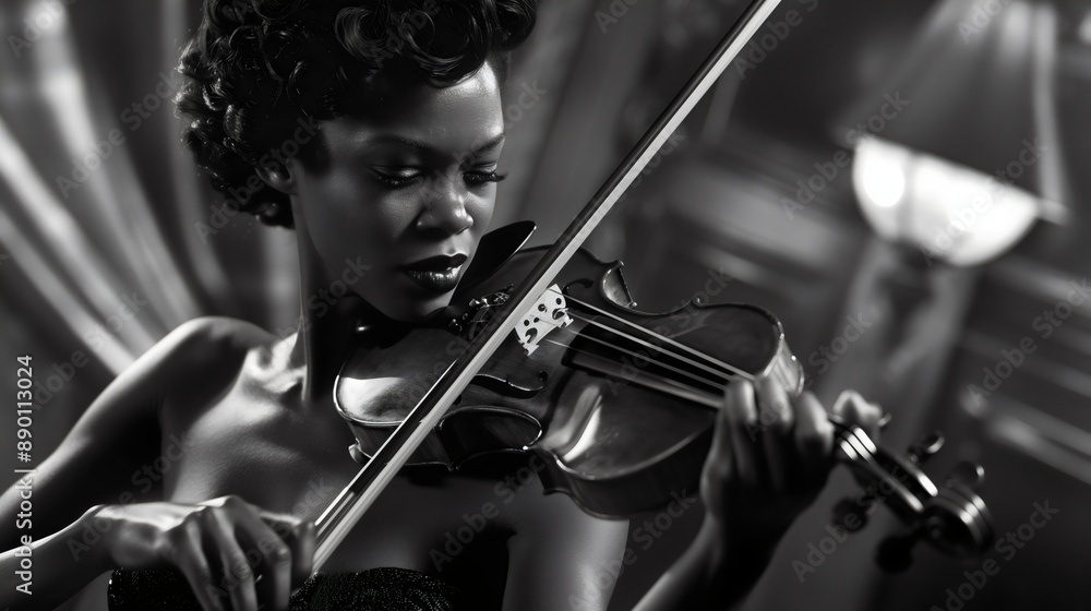 A African American black woman, lady, a female musician artist, is playing an acoustic violin at the symphony orchestra concert. Music entertainment and performance, studio sound, melody, retro photos A African American black woman, lady, a female musician artist, is playing an acoustic violin at the symphony orchestra concert. Music entertainment and performance, studio sound, melody, retro photos