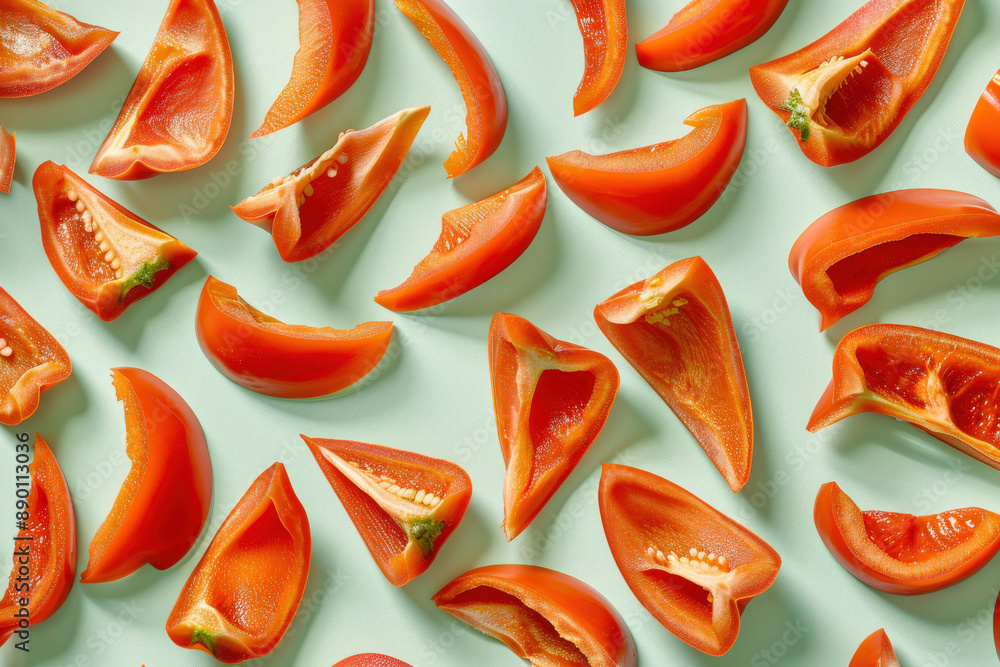 Red Bell Peppers on Light Blue Background Red Bell Peppers on Light Blue Background