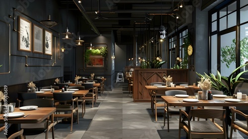 Modern interior of restaurant with dark gray walls