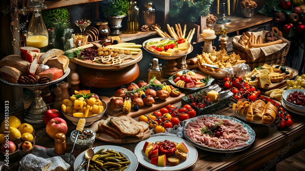 Table full of beautifully decorated tasty food Table full of beautifully decorated tasty food