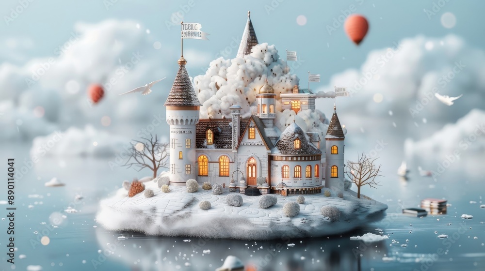 Obraz premium A school building transformed into a magical castle, glowing with knowledge.