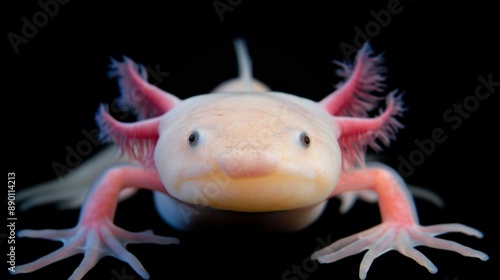 A baby alligator is standing on its hind legs and looking at the camera. The alligator has pink skin and is surrounded by a black background photo