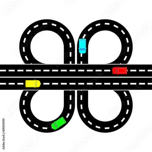 vector road route with interchange and bridges. cars driving along a gray asphalt road
