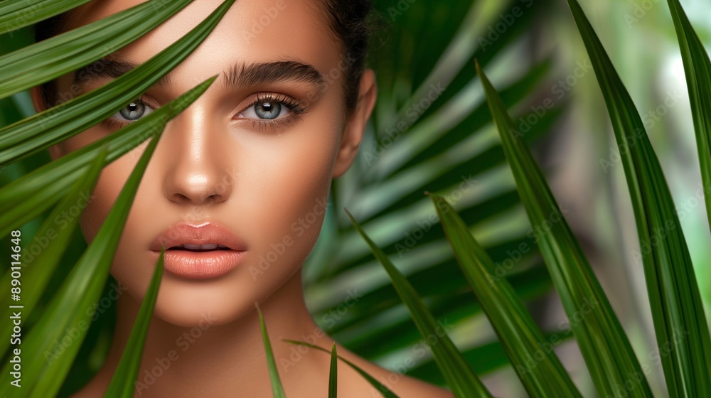 Fototapeta premium A woman with green eyes and a tan complexion is standing in front of a green leafy plant