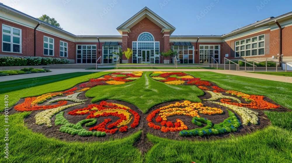 The front lawn of a school, artistically designed with floral patterns using bright begonias and green grass, welcoming students and visitors with its beauty. The front lawn of a school, artistically designed with floral patterns using bright begonias and green grass, welcoming students and visitors with its beauty.