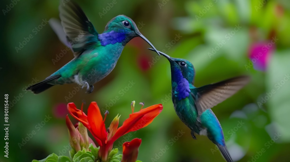 Fototapeta premium Two hummingbirds are feeding on a red flower. Concept of harmony and peacefulness as the birds share a moment of nourishment together