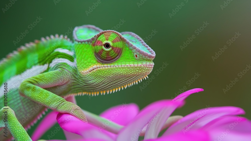 Fototapeta premium A green lizard with a pink flower on its back. The lizard is looking at the camera. The flower is pink and has a purple center