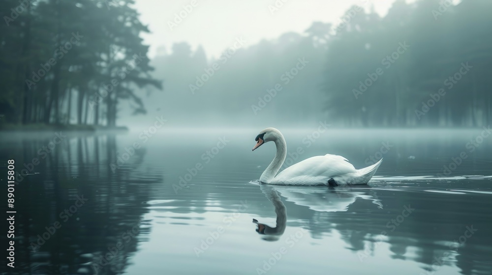 Fototapeta premium Swan floating on the surface of the forest and itself on the water