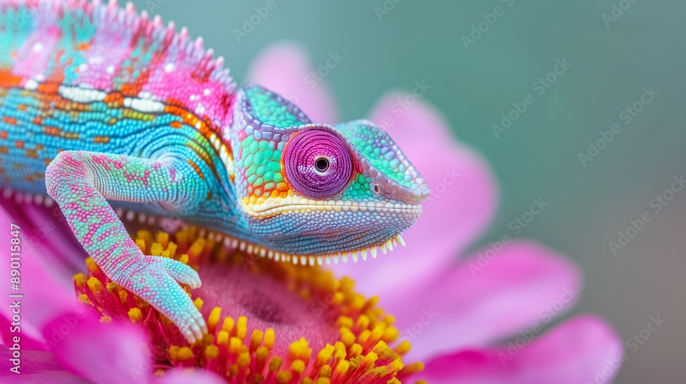 A colorful lizard is sitting on a pink flower. The lizard is multicolored and has a bright pink nose. The image has a vibrant and lively mood A colorful lizard is sitting on a pink flower. The lizard is multicolored and has a bright pink nose. The image has a vibrant and lively mood