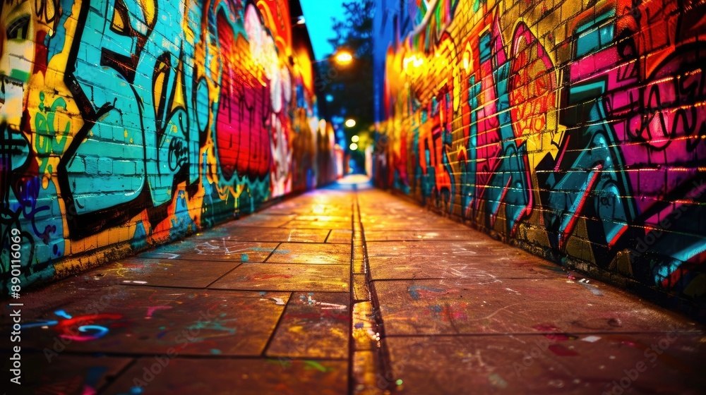 Fototapeta premium Colorful graffiti alley with brick walls covered in vibrant street art.