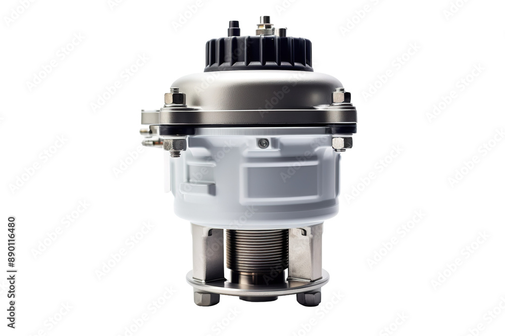 A Sleek Silver and White Industrial Device With a Collapsible Element, Captured Against a Pristine White Background on a Clear PNG or White Background.