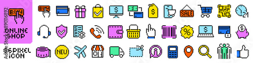 Online shop icon. Online shop icon set. Pixel style.