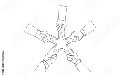 Continuous one line drawing of hands of businessmen forming five star shape, collaboration for work with quality concept, single line art.