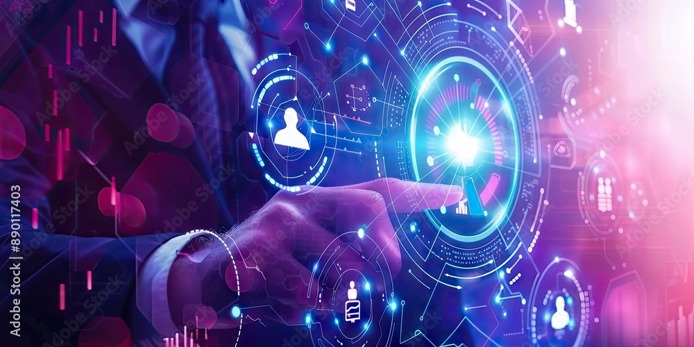 A digital illustration showing a businessman using a touchscreen interface, with various strategy and marketing-related icons.