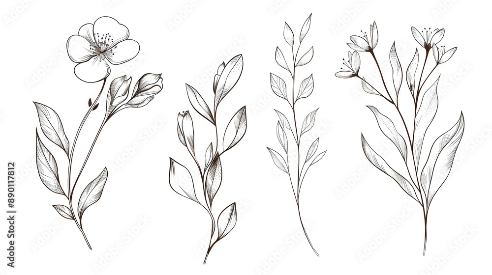 Fototapeta premium Floral branch and minimalist flowers for logo design