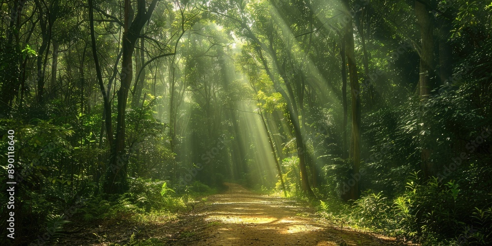 Fototapeta premium A serene forest pathway with rays of sunlight piercing through the dense canopy of tall trees, creating a magical and peaceful atmosphere.
