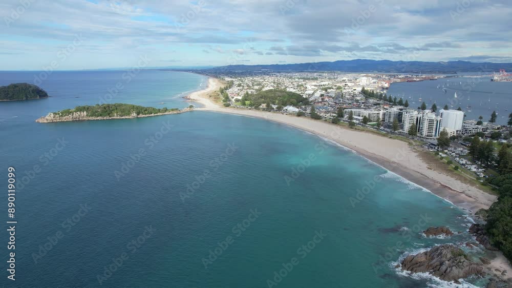 Flying Towards Mount Maunganui Beach In Tauranga, New Zealand - Drone Shot Flying Towards Mount Maunganui Beach In Tauranga, New Zealand - Drone Shot