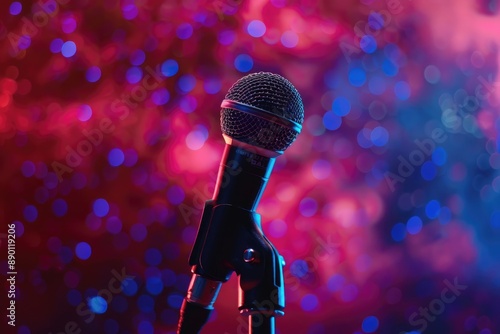 Microphone on stage with colorful bokeh lights in the background