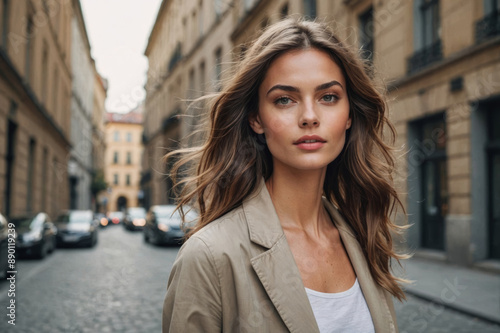 Fashion portrait of beautiful pretty model woman on urban background photo