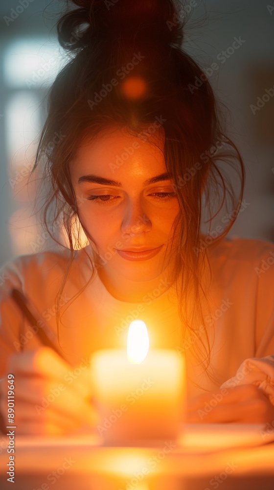 A person writing in a journal in soft lighting. A person writing in a journal in soft lighting.