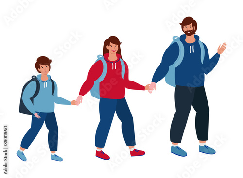 Active happy family travelling together. flat  illustration. Father, mother and children hiking and camping with backpack at nature. Trip and holiday concept. Horizontal Banner. Web banner design. 