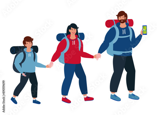 Active happy family travelling together. flat vector illustration. Father, mother and children hiking and camping with backpack at nature. Horizontal Banner. Web banner design. 