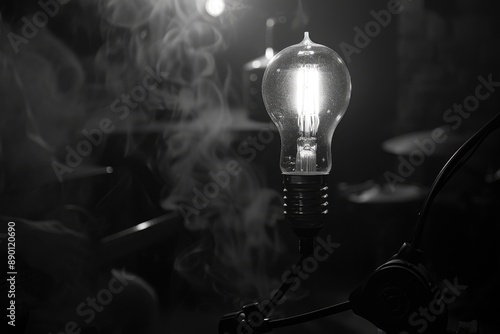 Glowing Light Bulb in Hazy Studio with Drum Set photo