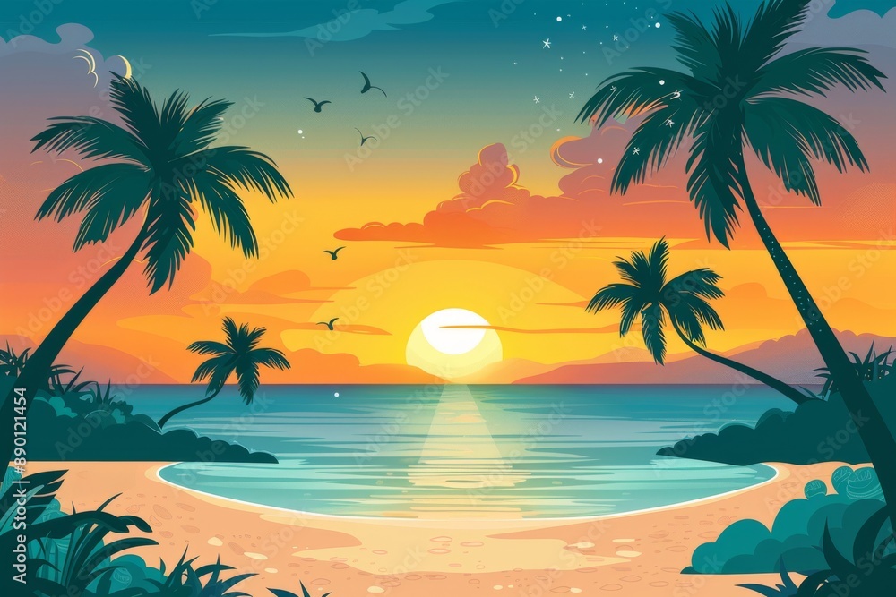 Tropical Sunset with Palm Trees and Ocean Horizon Illustration Tropical Sunset with Palm Trees and Ocean Horizon Illustration
