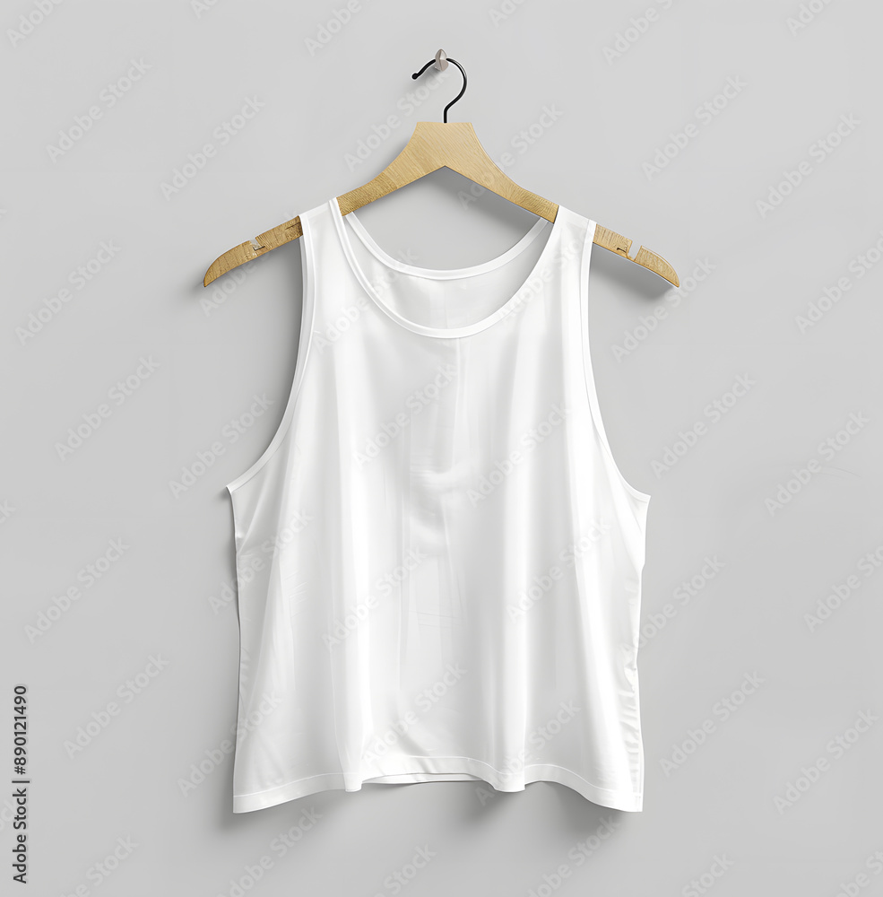 White sleeveless tank top on a hanger. Suitable for sportswear or casual attire. Keywords apparel, classic, clothing, comfortable, cotton, fashion, lightweight, simple, sportswear White sleeveless tank top on a hanger. Suitable for sportswear or casual attire. Keywords apparel, classic, clothing, comfortable, cotton, fashion, lightweight, simple, sportswear