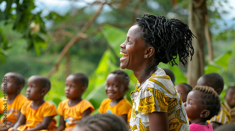 African woman joyfully engaging with children in an outdoor educational setting, with trees and nature providing a serene background. African woman joyfully engaging with children in an outdoor educational setting, with trees and nature providing a serene background.