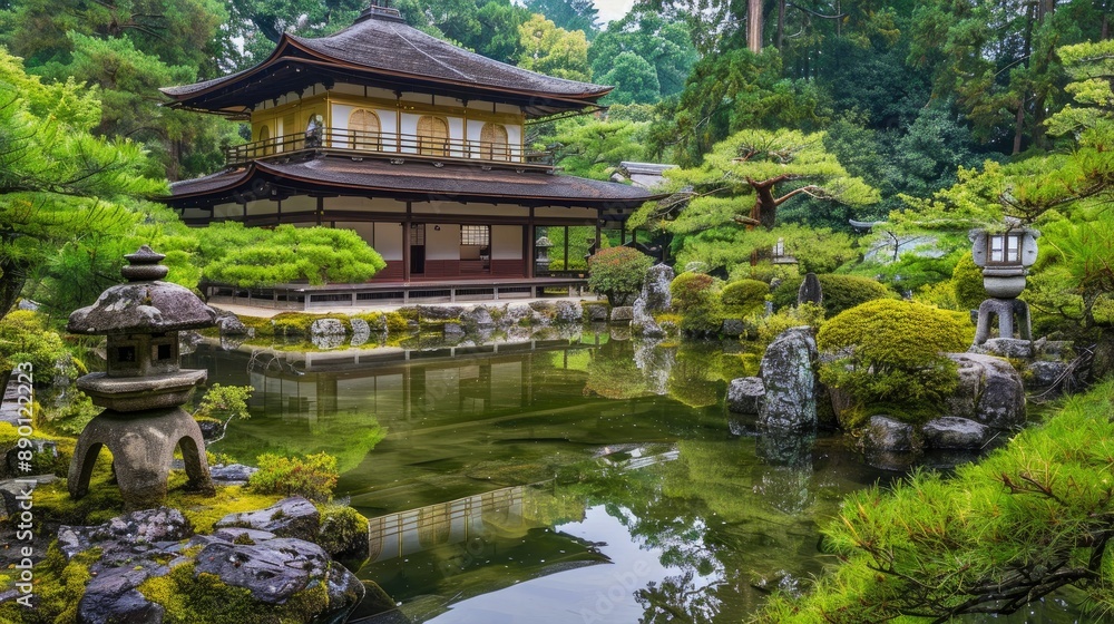 Traditional Japanese architecture with a serene garden backdrop Traditional Japanese architecture with a serene garden backdrop