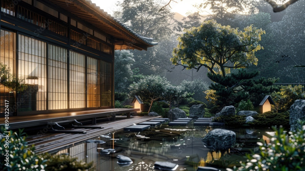Traditional Japanese architecture with a serene garden backdrop Traditional Japanese architecture with a serene garden backdrop