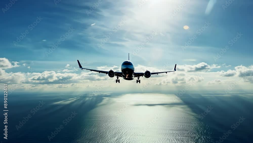 High-altitude airplane silhouette flying over ocean with clouds at sunrise High-altitude airplane silhouette flying over ocean with clouds at sunrise